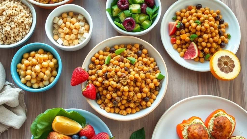 Wooden table featuring a variety of vegan and gluten-free foods, including quinoa, lentil salad, roasted chickpeas, fresh fruits, and stuffed bell peppers, beautifully arranged with natural lighting.