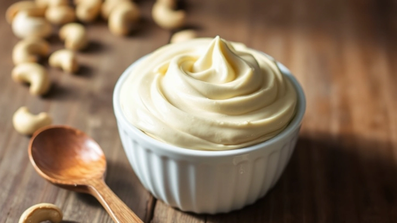 Smooth and creamy cashew frosting in a white bowl with raw cashews scattered on a rustic wooden table.