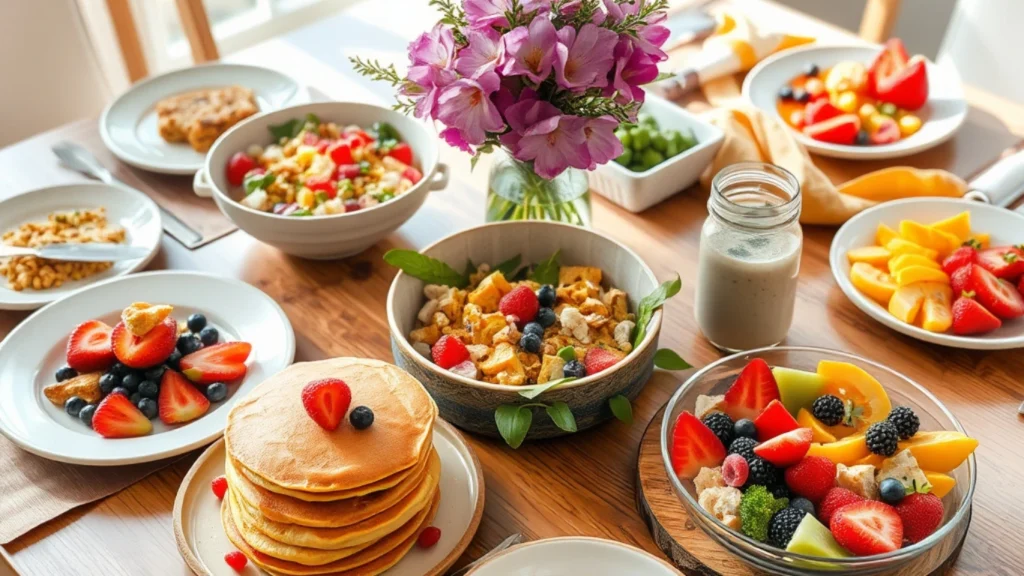 "Vegan brunch table with pancakes, tofu scramble, smoothie bowls, fresh fruits, and elegant decor in a bright, natural setting.