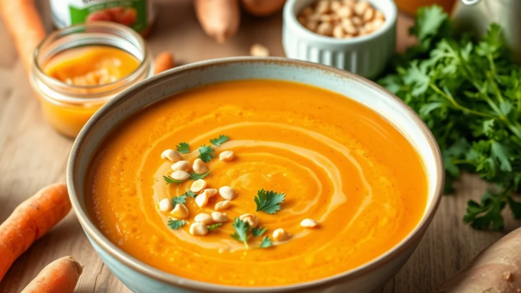 creamy orange vegan pureed soup garnished with parsley, peanut butter drizzle, and crushed peanuts on a rustic table with fresh ingredients.