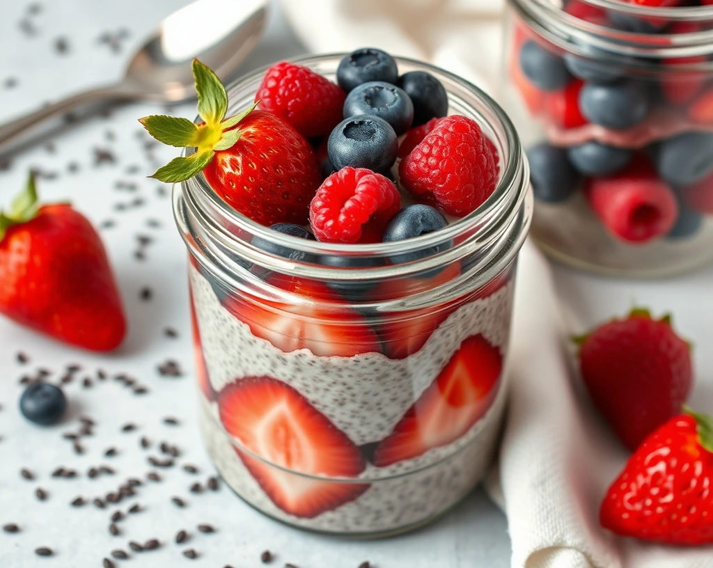 "Chia seed pudding layered with fresh strawberries, blueberries, and raspberries in a glass jar with a minimalistic table setting.