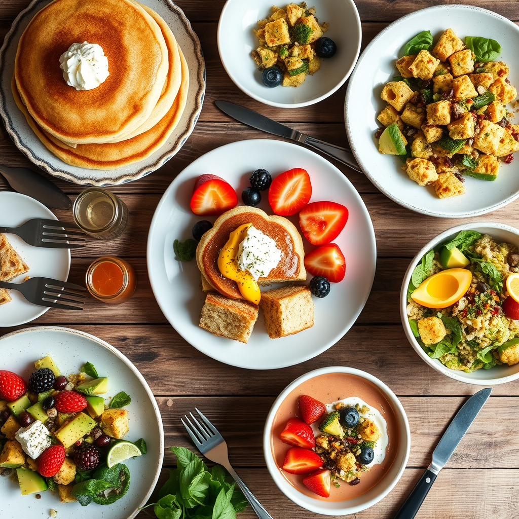 A vibrant vegan brunch spread featuring pancakes, avocado toast, tofu scramble, and smoothie bowls on a rustic wooden table with natural lighting.