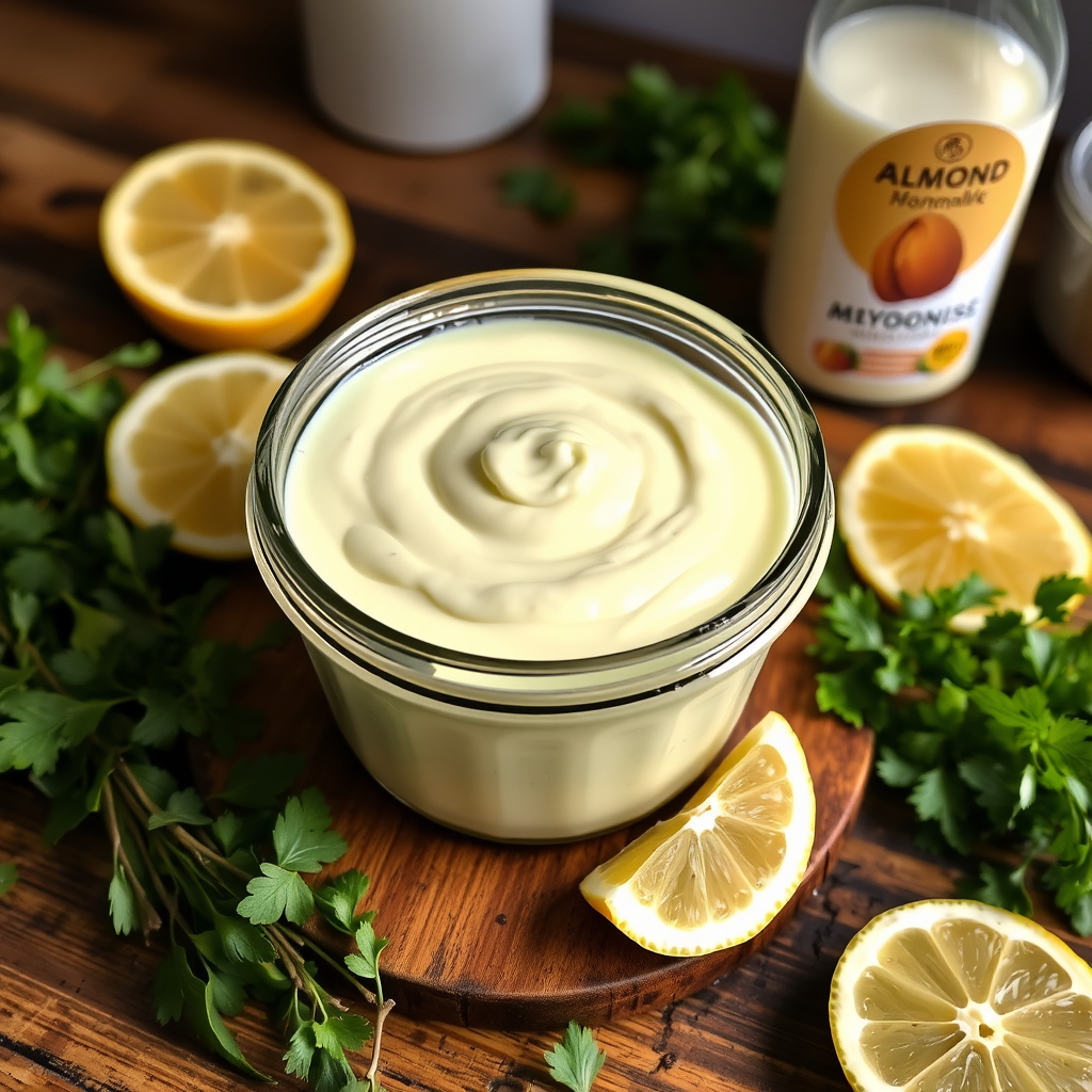 Homemade vegan mayonnaise in a glass jar, garnished with fresh herbs and lemon slices, with almond milk in the background on a rustic counter.