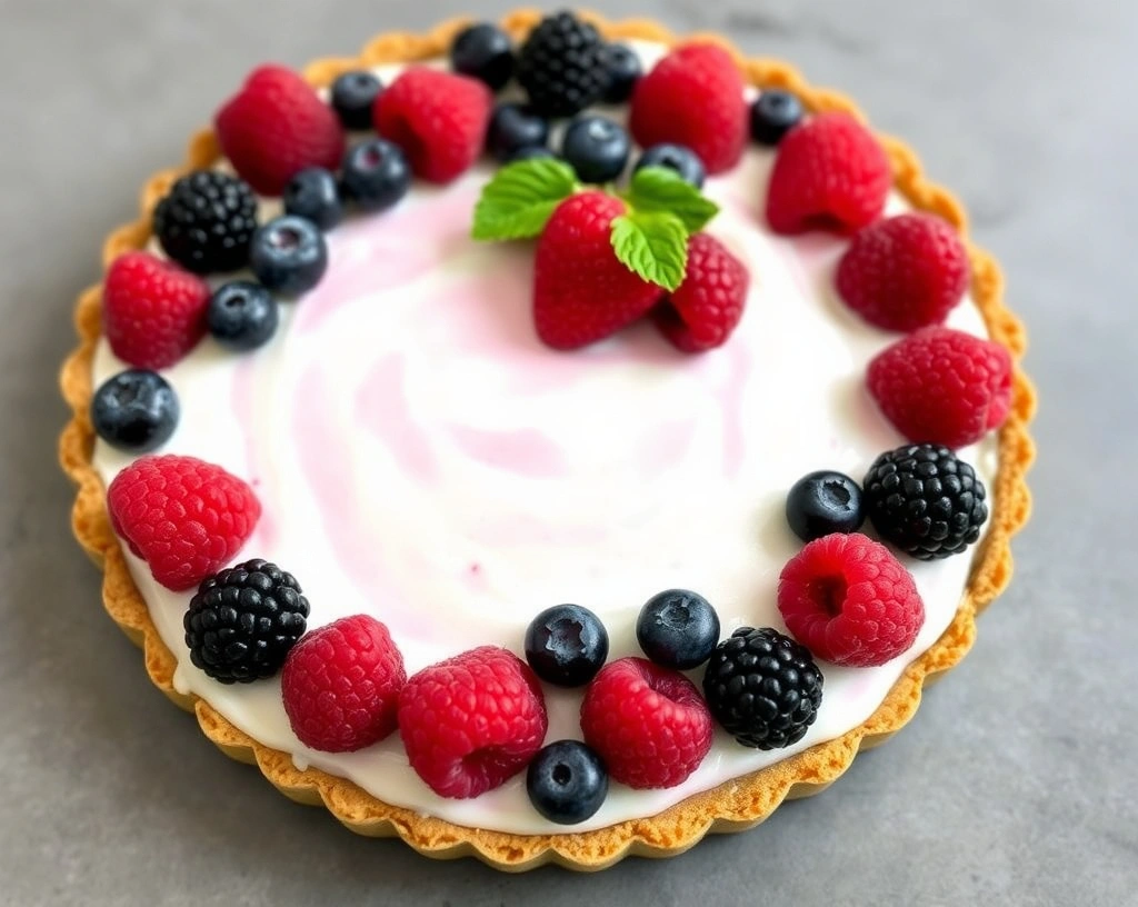 No-bake berry tart with a cottage cheese and yogurt filling, topped with assorted fresh berries.