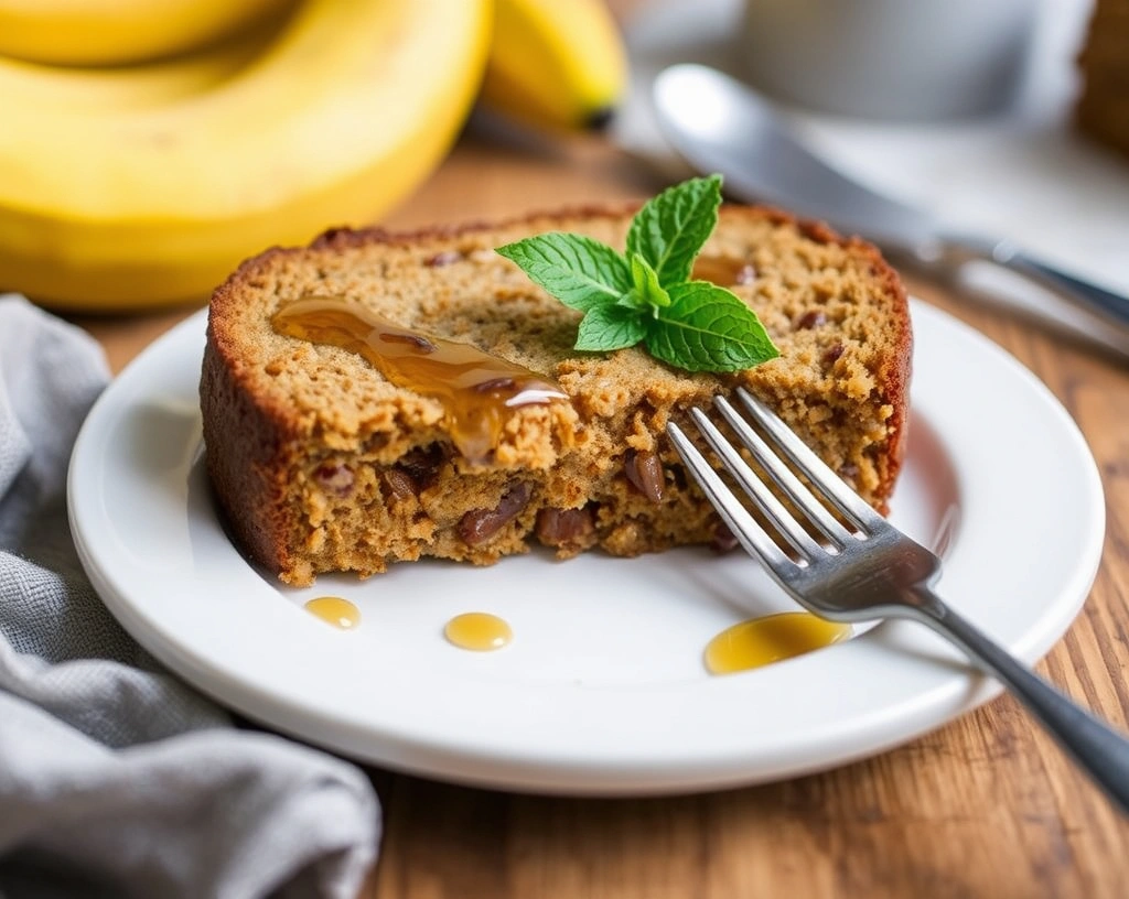 Close-up of a slice of vegan banana bread on a white plate, garnished with maple syrup and mint, showing its moist texture and banana pieces.