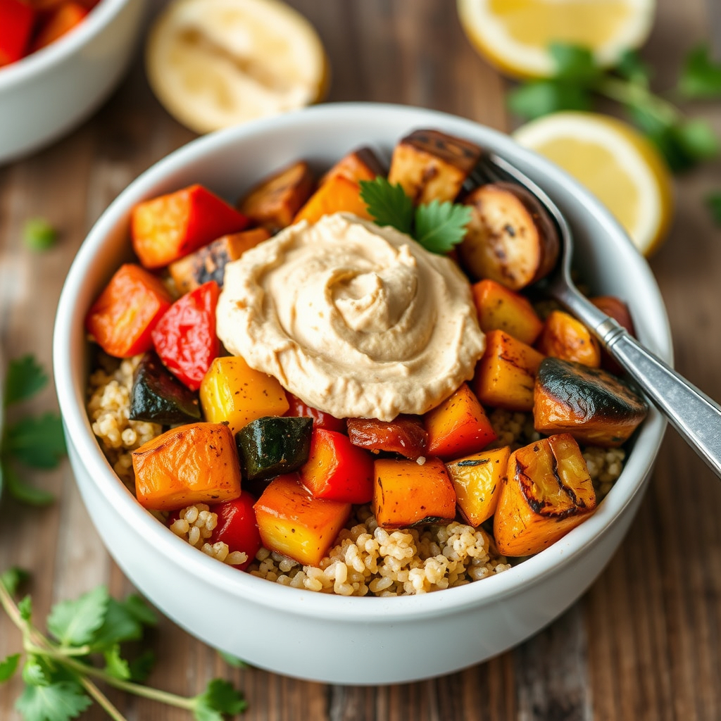  Roasted veggie grain bowl with quinoa and hummus.