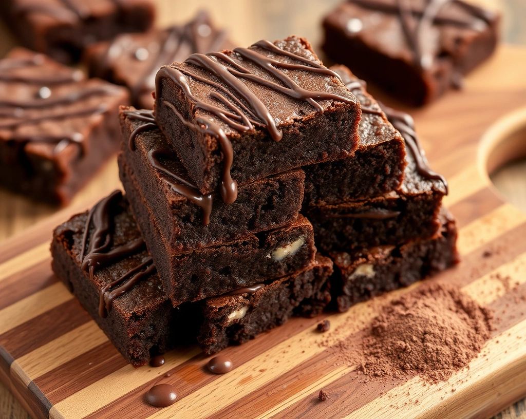 Stacked cottage cheese brownies with chocolate drizzle and cocoa dusting.