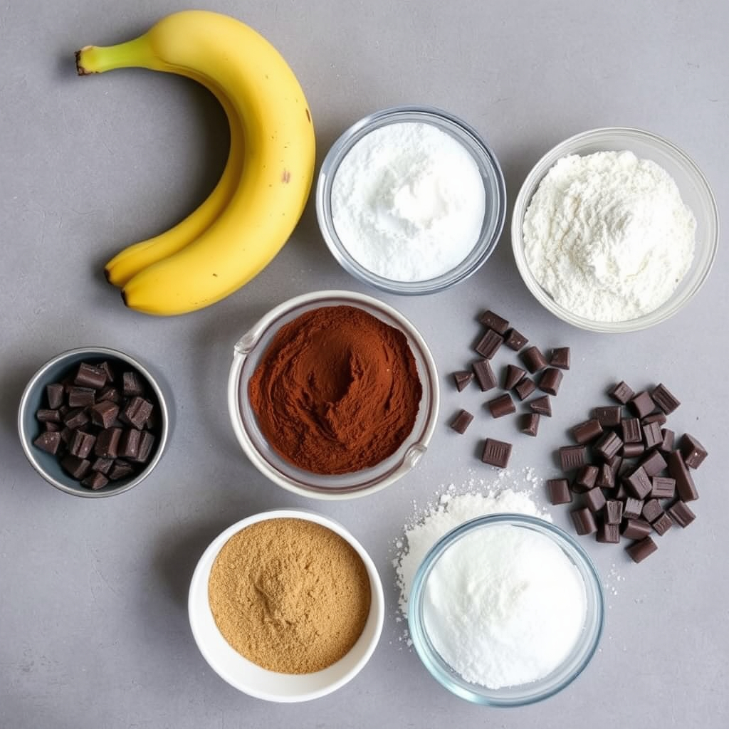 Ripe bananas, cocoa powder, flour, sugar, and vegan chocolate chunks displayed for baking.