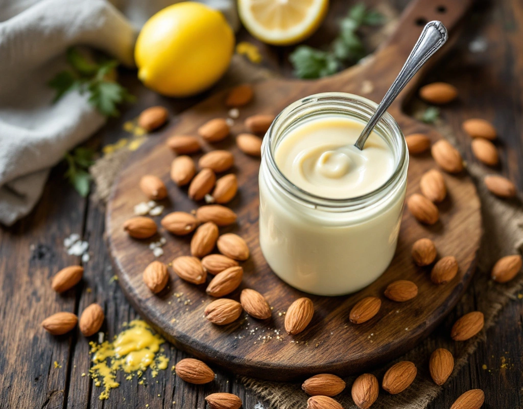 Creamy vegan mayonnaise with almond milk in a jar on a rustic table