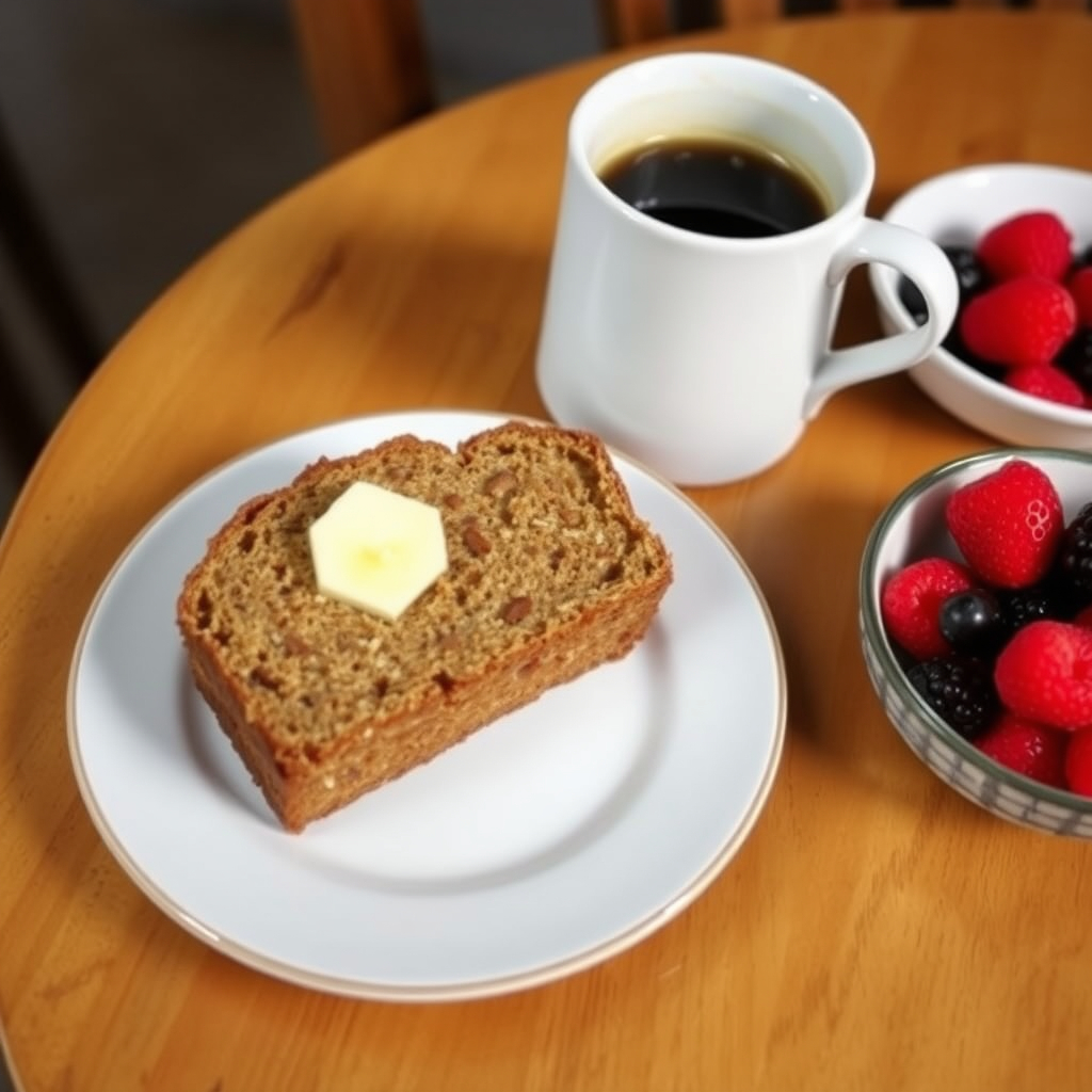 A slice of vegan banana bread on a plate with vegan butter, served with a cup of coffee and fresh berries on a breakfast table.