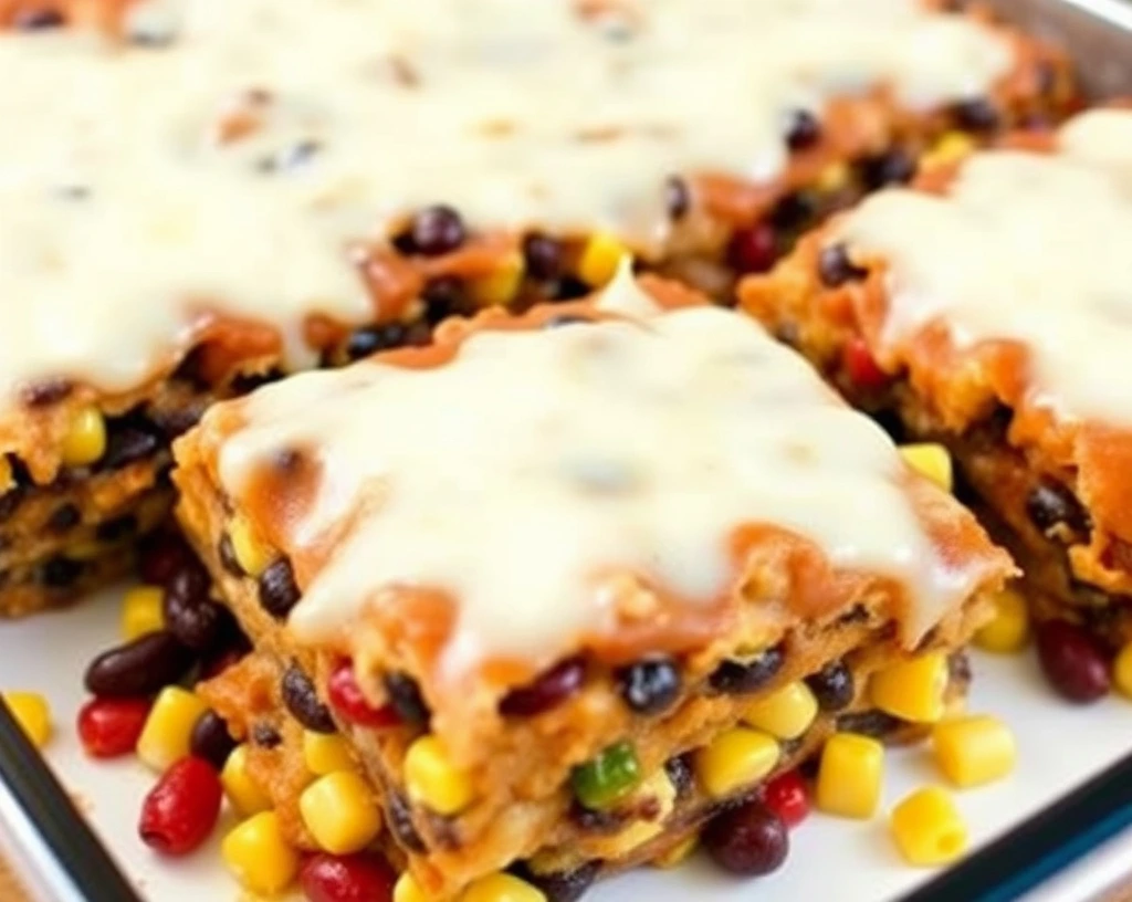 Mexican black bean and corn casserole with melted vegan cheese and a sprinkle of herbs.