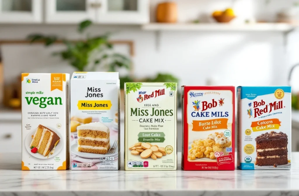 Assorted vegan cake mix boxes on kitchen counter