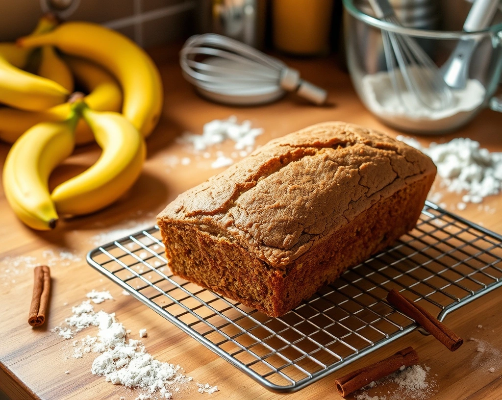 Freshly baked banana bread on a cooling rack with ripe bananas and baking ingredients in a warm, cozy kitchen setting.