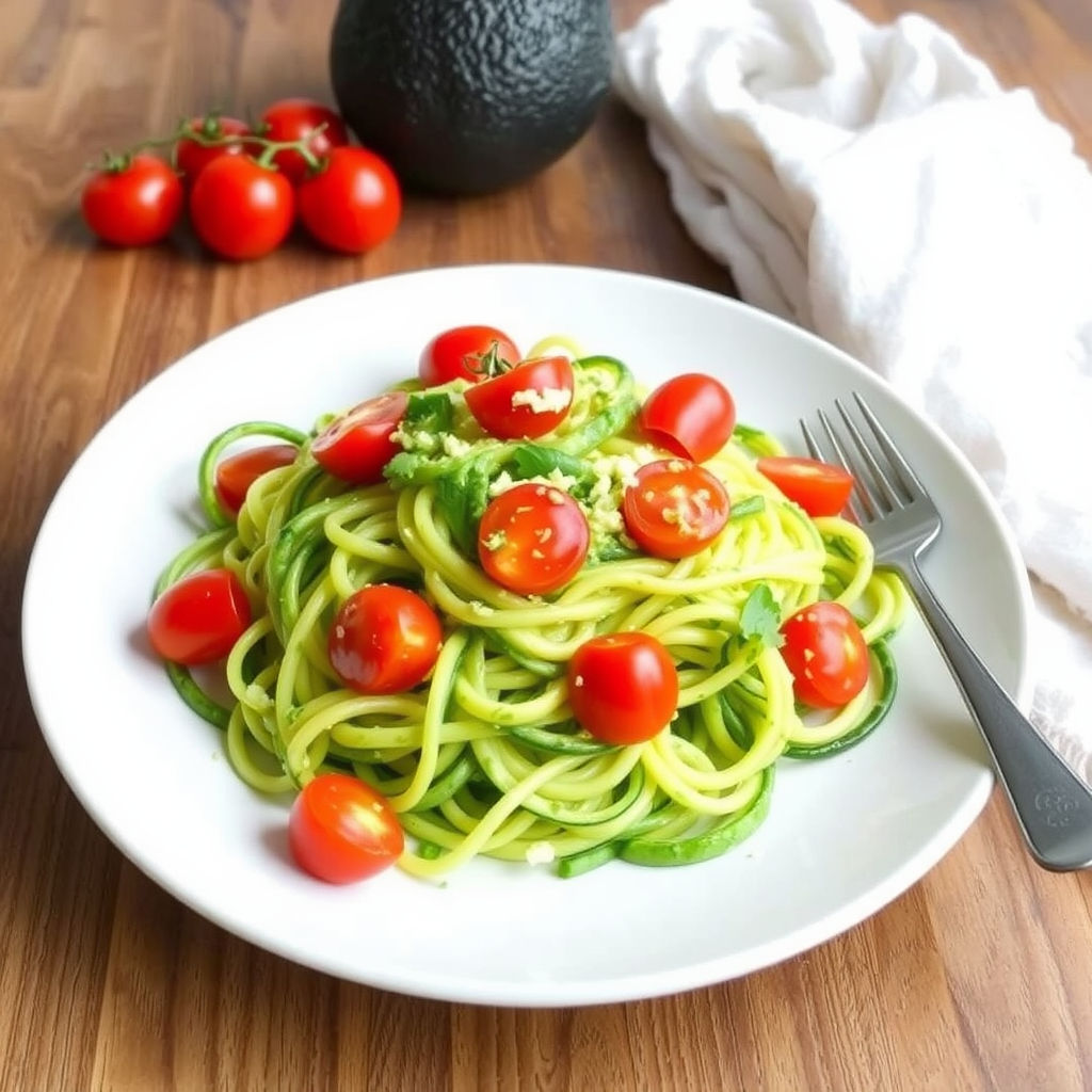 Zucchini noodles with avocado pesto and cherry tomatoes.