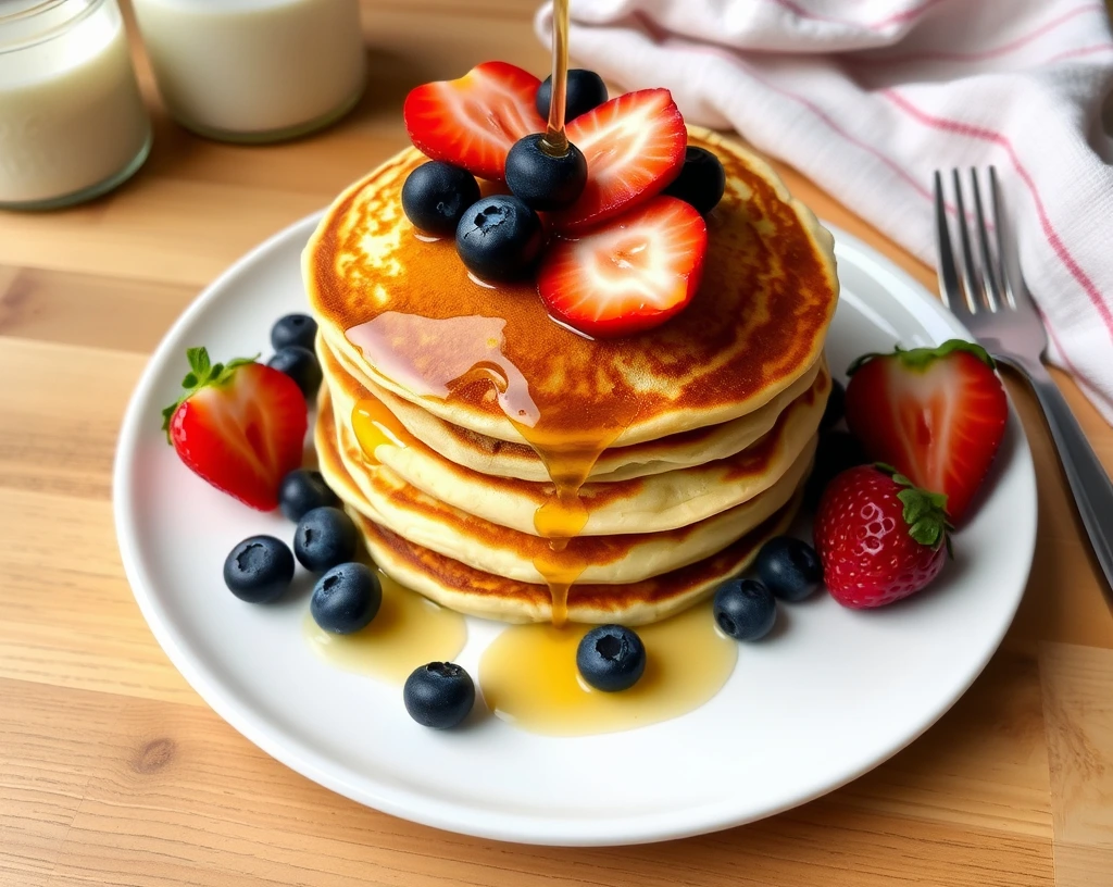 Stack of vegan pancakes topped with fresh berries and maple syrup, served on a white plate with a cozy breakfast setting.