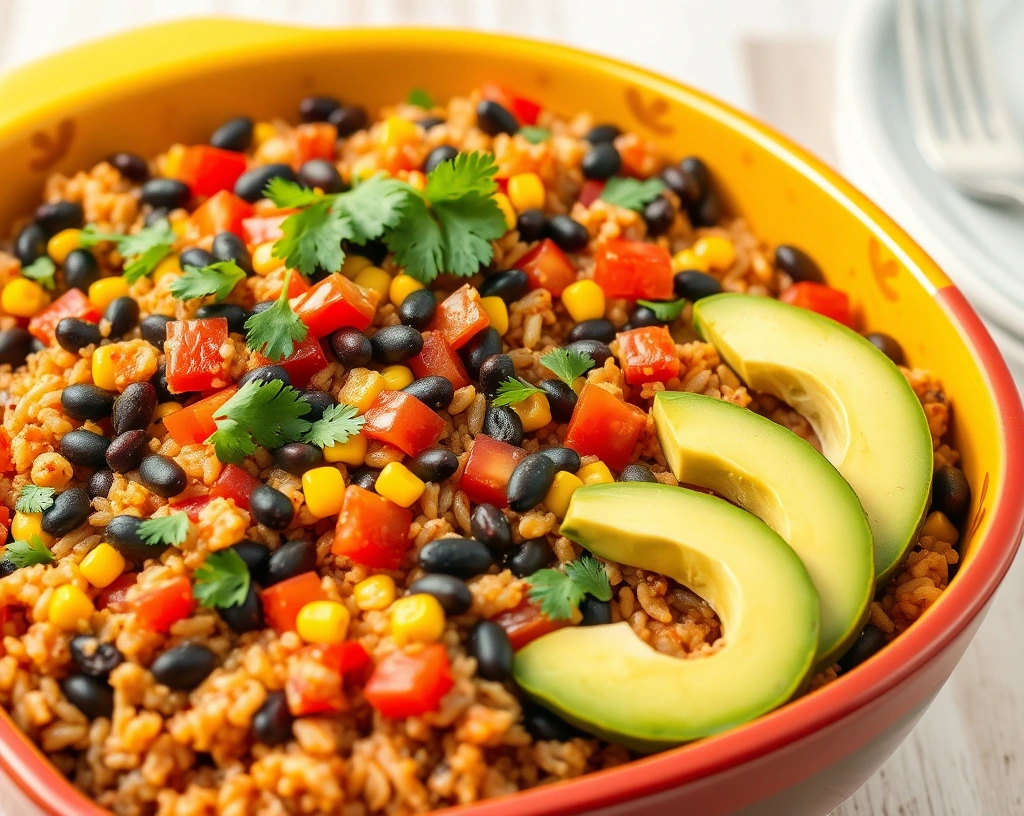 "Mexican vegan casserole with black beans, brown rice, and avocado garnish in a colorful dish.