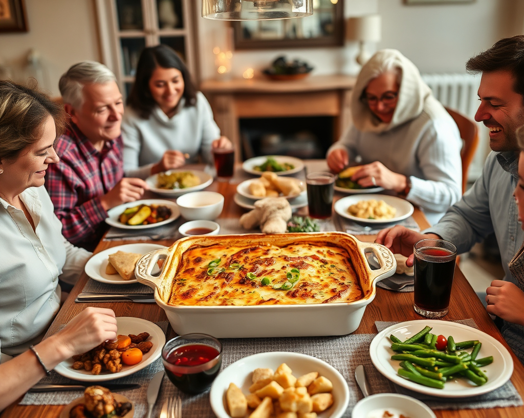 A family gathered around a dining table, enjoying a casserole dish with side salads and drinks.