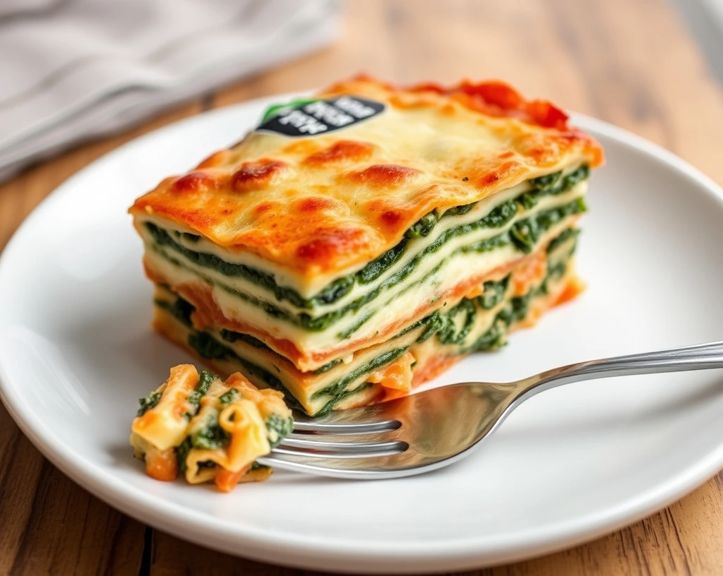 A slice of spinach and ricotta lasagna showing layered pasta, creamy cheese, and spinach.