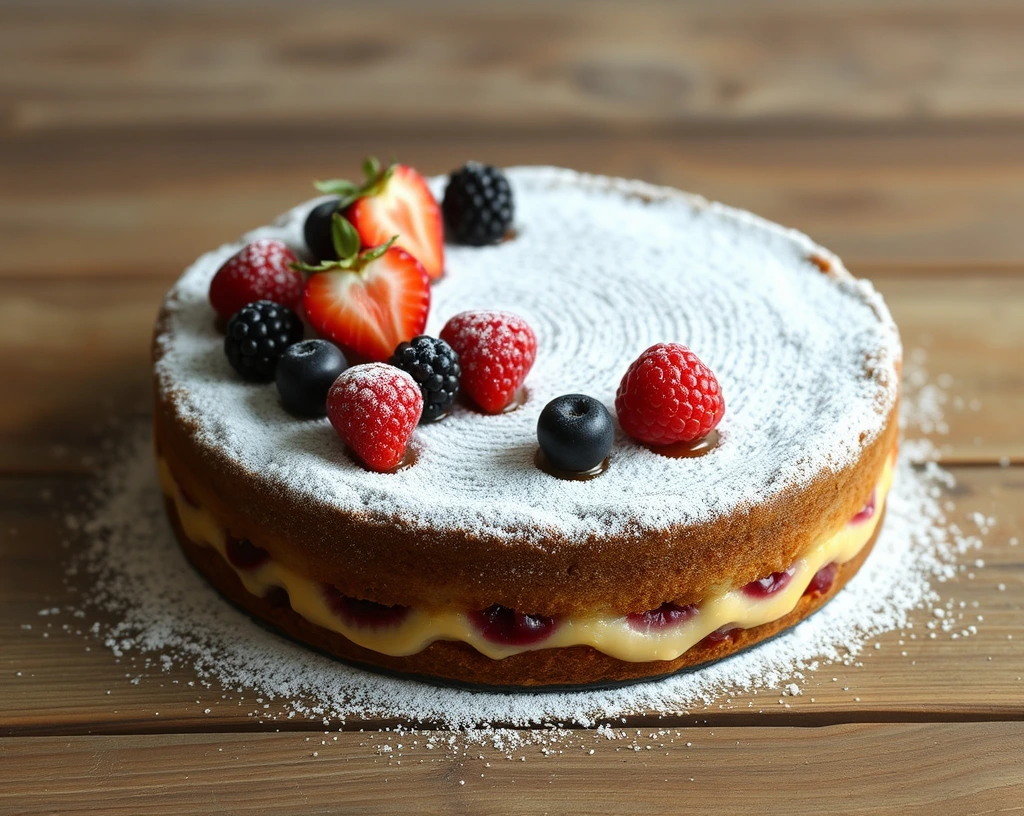 A delicious vegan cake topped with fresh berries, perfect for showcasing plant-based baking options.