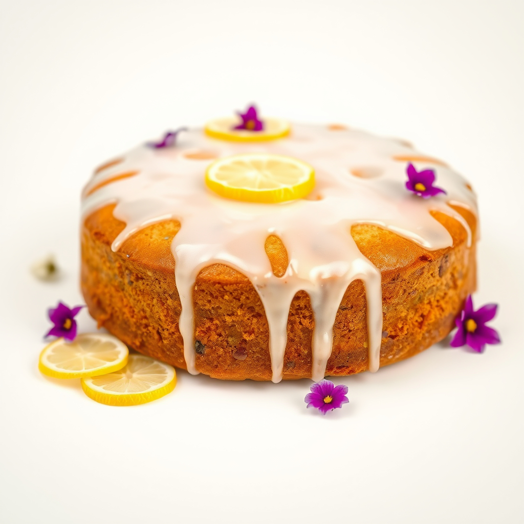 A vibrant vegan lemon drizzle cake with a shiny glaze, decorated with lemon slices and edible flowers on a bright background.