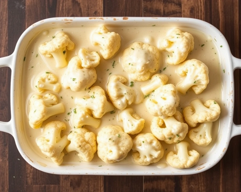 Cauliflower Alfredo casserole, a vegan take on a classic dish.