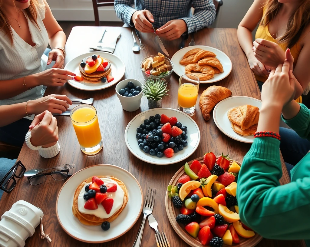 "Cozy brunch gathering with a wooden table featuring pancakes, croissants, orange juice, and a colorful fruit platter.