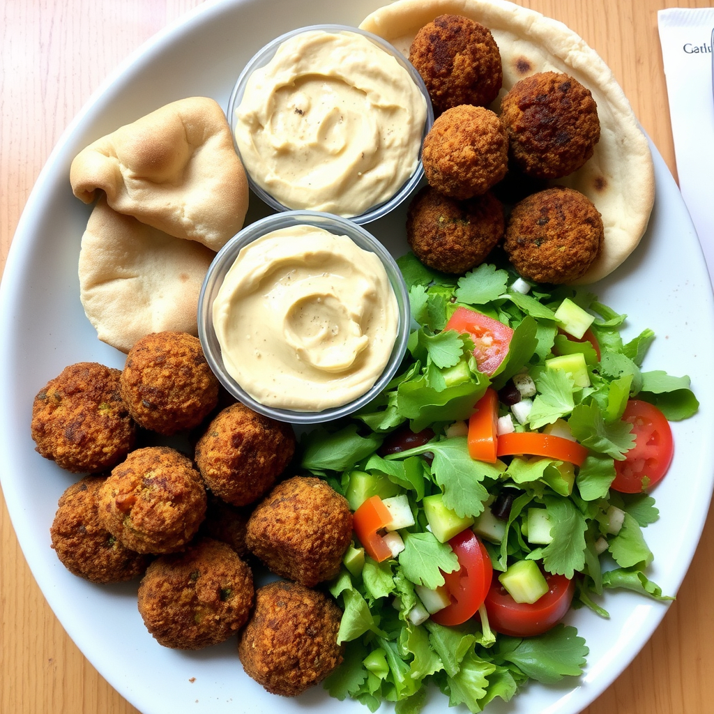 Plate of falafel with crispy chickpea fritters, hummus, pita bread, and salad greens.