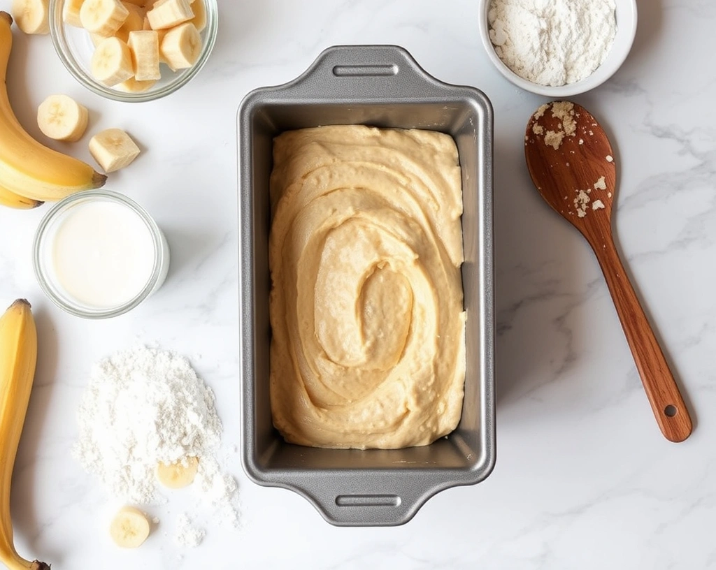 Top-down view of a loaf pan with unbaked vegan banana bread batter on a marble countertop, surrounded by mashed bananas, flour, and plant-based milk.