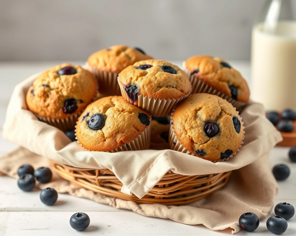 Vegan blueberry muffins in a basket with fresh blueberries and a glass of almond milk in the background.