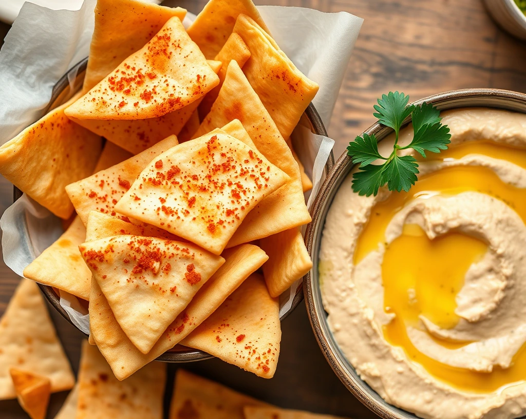 Golden air-fried pita chips dusted with paprika paired with creamy hummus garnished with parsley.