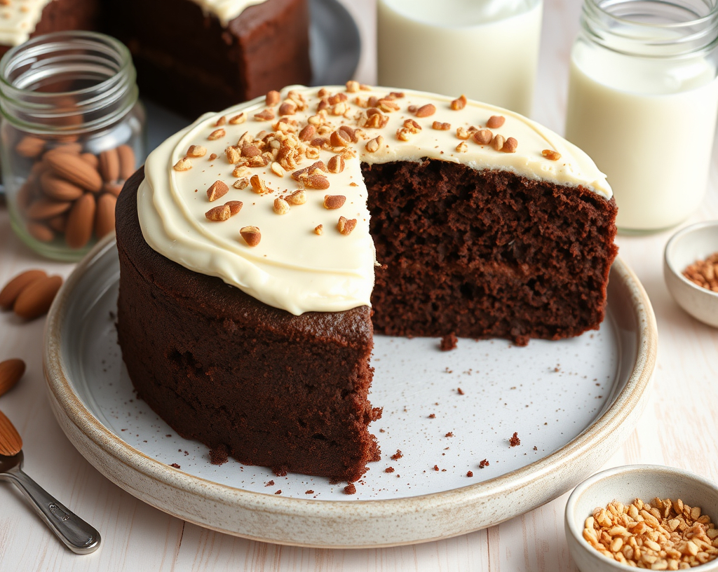 A sliced vegan chocolate cake topped with creamy frosting and crushed nuts, served on a rustic plate with almond milk in the background