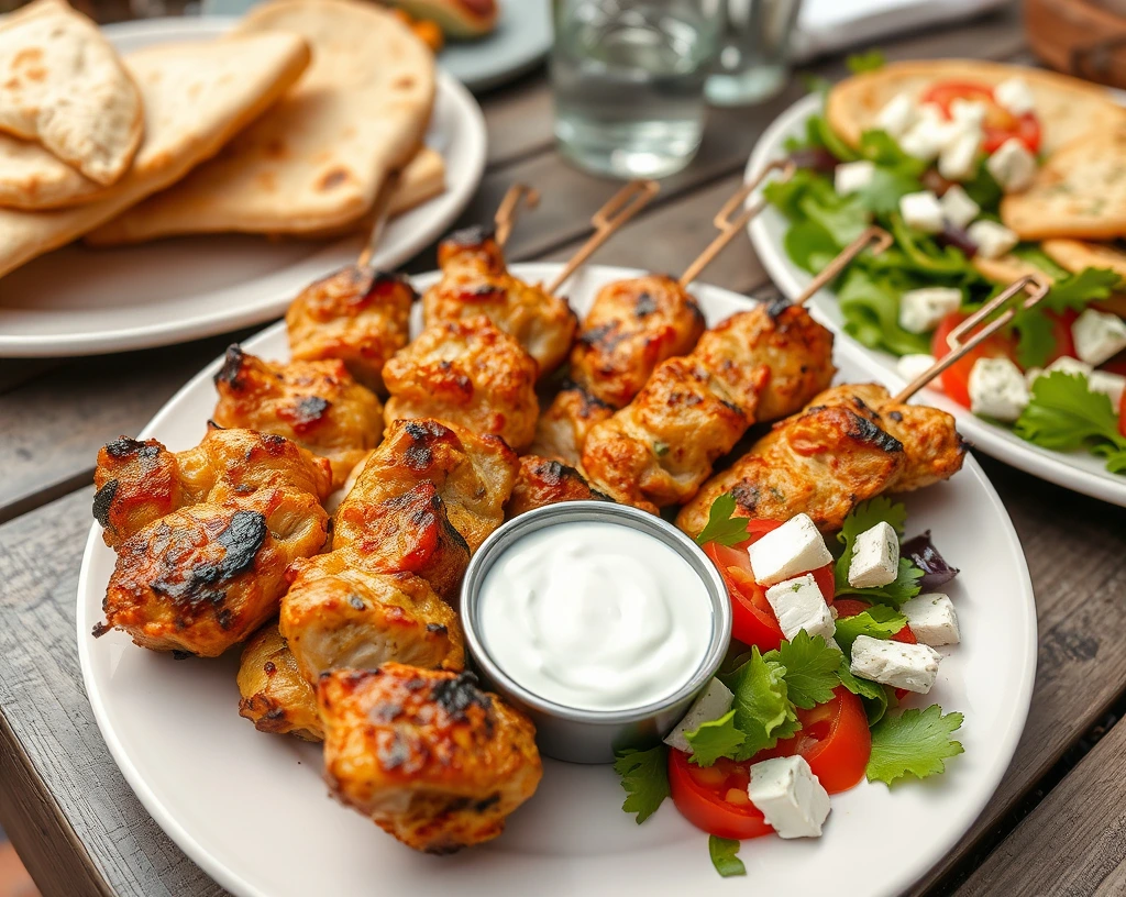 Juicy air-fried chicken skewers served with tzatziki sauce, Greek salad, and pita bread.