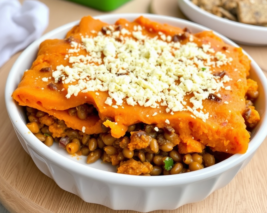 A lentil and sweet potato casserole in a baking dish, topped with melted vegan Parmesan, with a serving spoon beside it