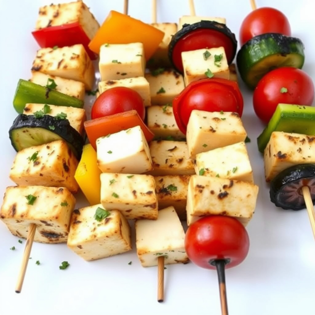 "Grilled tofu skewers with vegetables and Mediterranean herbs on a plate.