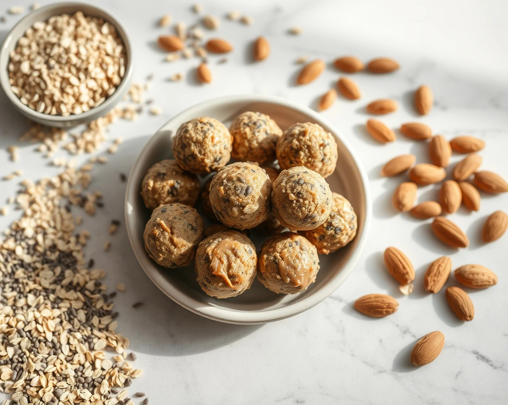 "Plate of energy balls made with oats, almond butter, and chia seeds, surrounded by raw ingredients on a marble countertop in soft light.