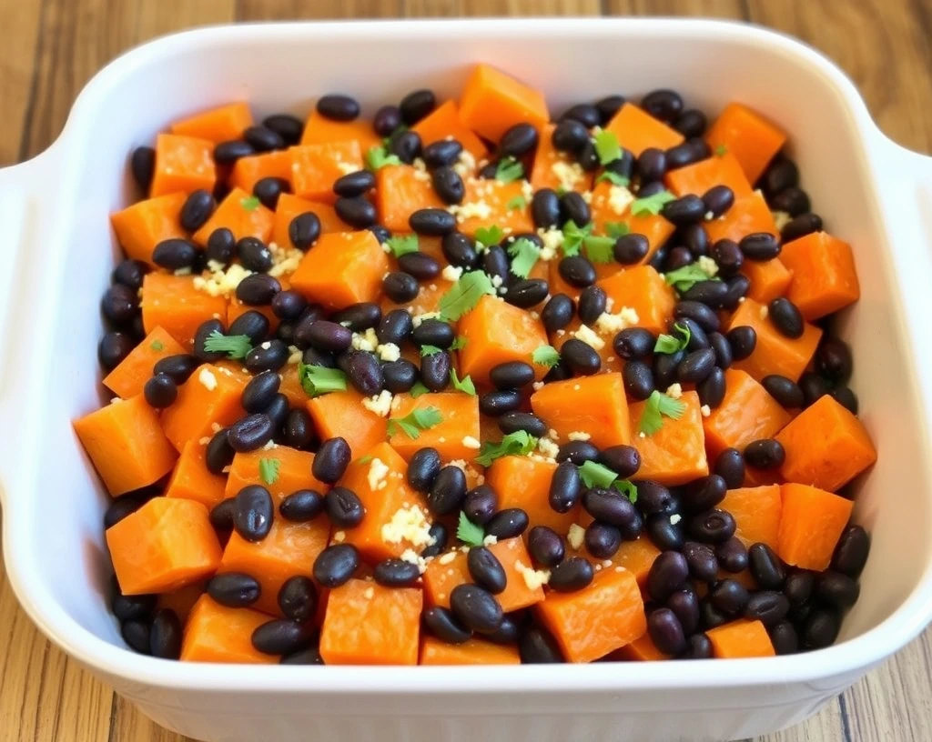 Sweet potato and black bean casserole, a vibrant vegan dish.