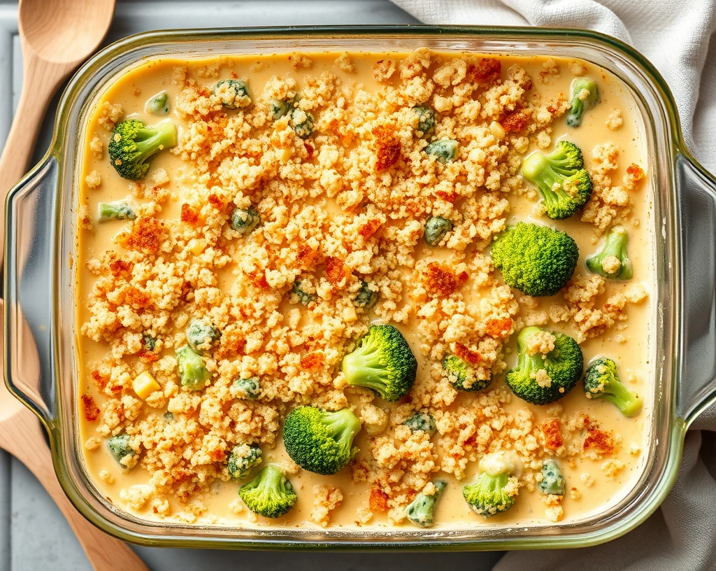 Creamy vegan broccoli and quinoa casserole with golden breadcrumbs and vegan cheese in a glass baking dish on a rustic table.