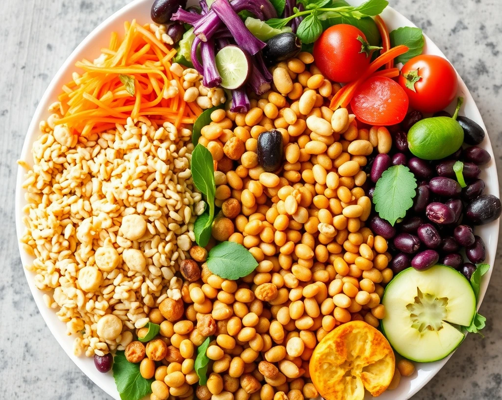 Fresh vegetables, grains, and legumes showcasing healthy ingredients for vegan casseroles.