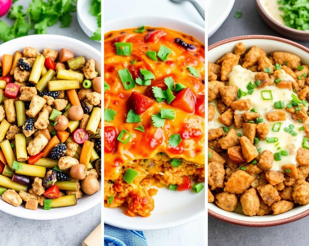 Three casserole dishes: a creamy vegetable bake, a black bean enchilada casserole, and a lentil and sweet potato bake, served hot.