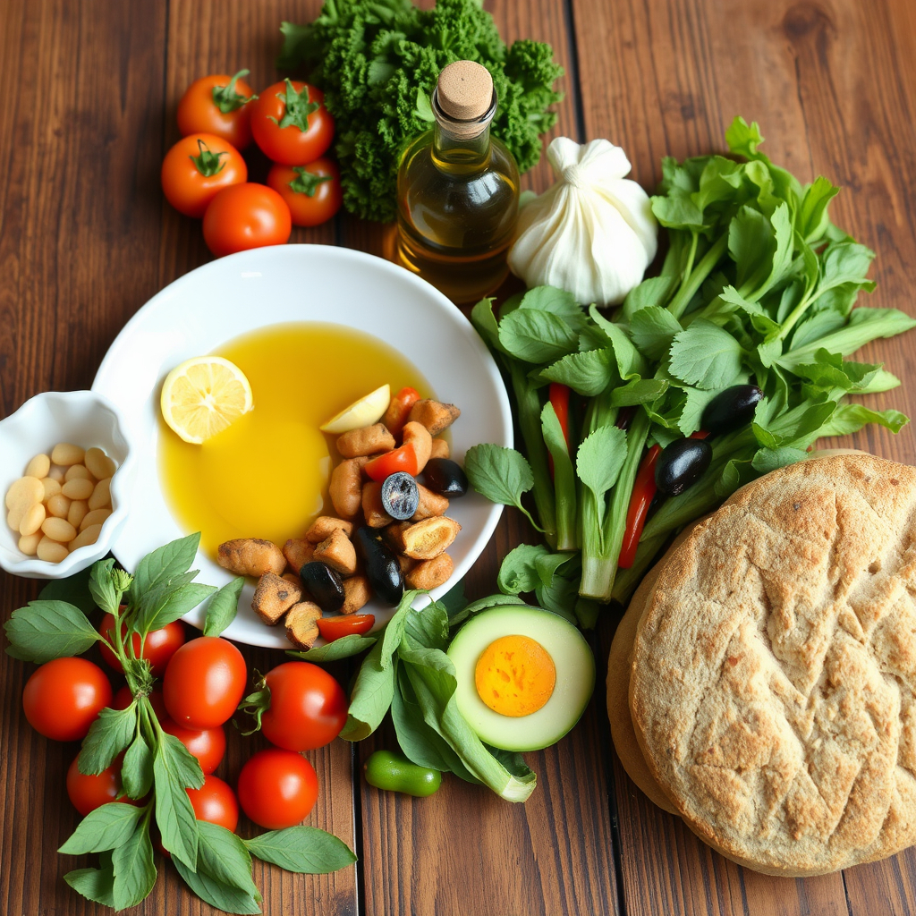 A Mediterranean-inspired vegan meal setup with fresh vegetables, olive oil, and bread on a wooden table, symbolizing health and sustainability.