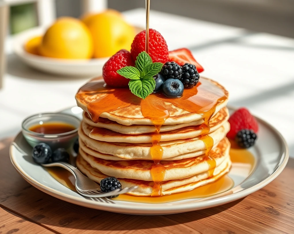 "A stack of vegan pancakes topped with fresh berries, maple syrup drizzle, and mint leaves on a sunny brunch table.