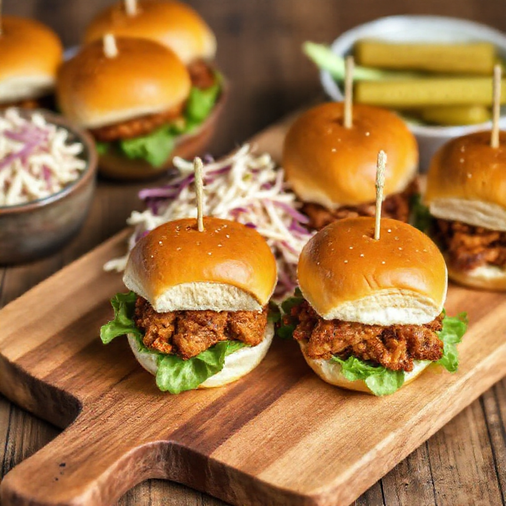 Mini jackfruit BBQ sliders on buns with vegan coleslaw and pickles on the side, styled on a rustic board.