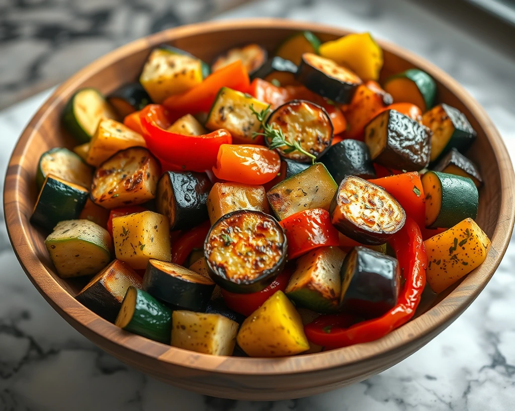 Air-fried zucchini, bell peppers, and eggplant garnished with oregano and thyme in a rustic wooden bowl.