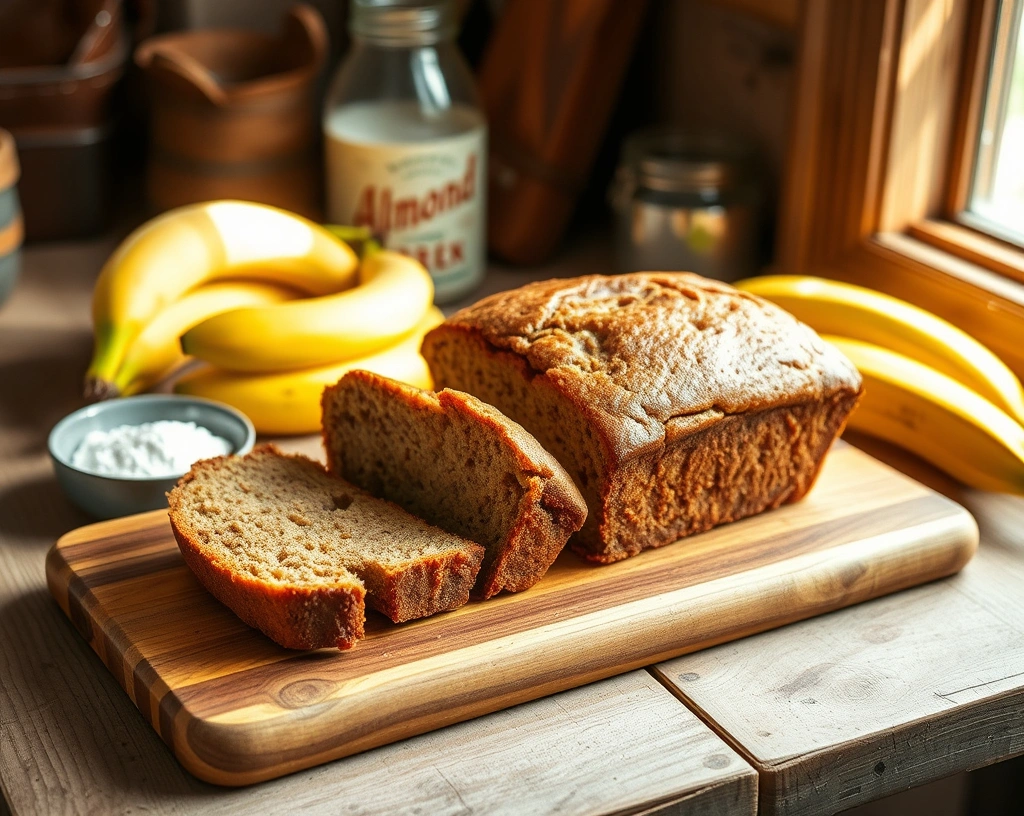 A freshly baked loaf of vegan banana bread on a wooden cutting board in a rustic kitchen setting, surrounded by ripe bananas, flour, and almond milk, with natural light streaming in.