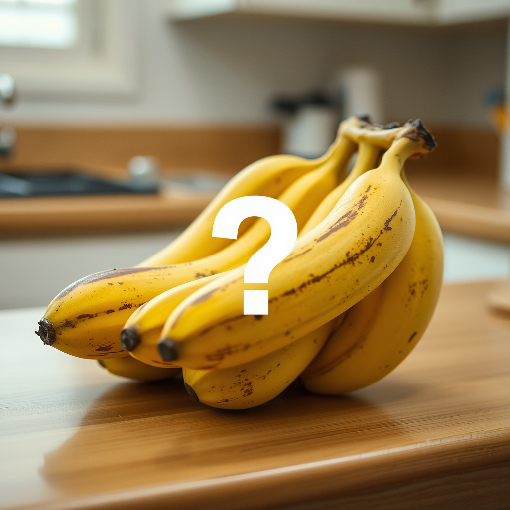 Overripe bananas with a question mark symbolizing FAQs about banana ripeness.