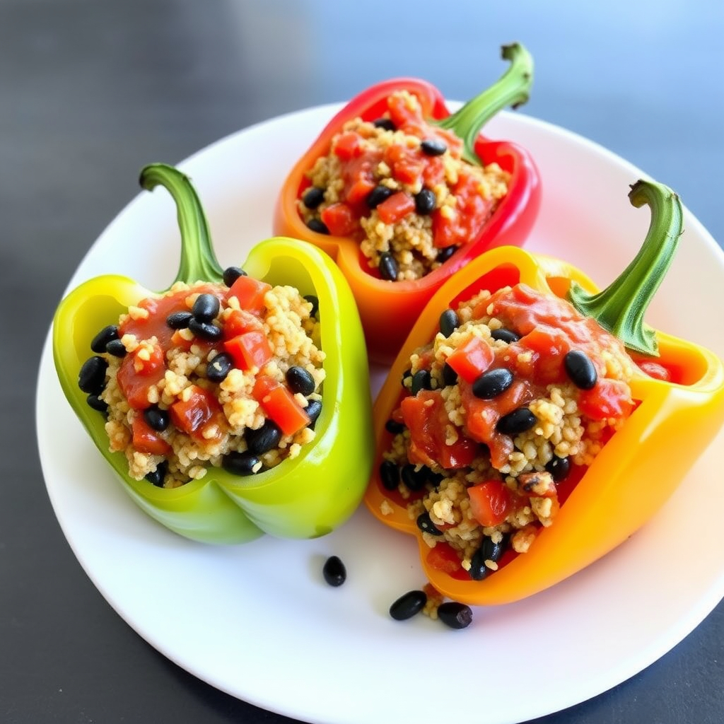 Gluten-free vegan stuffed bell peppers with quinoa and black beans.