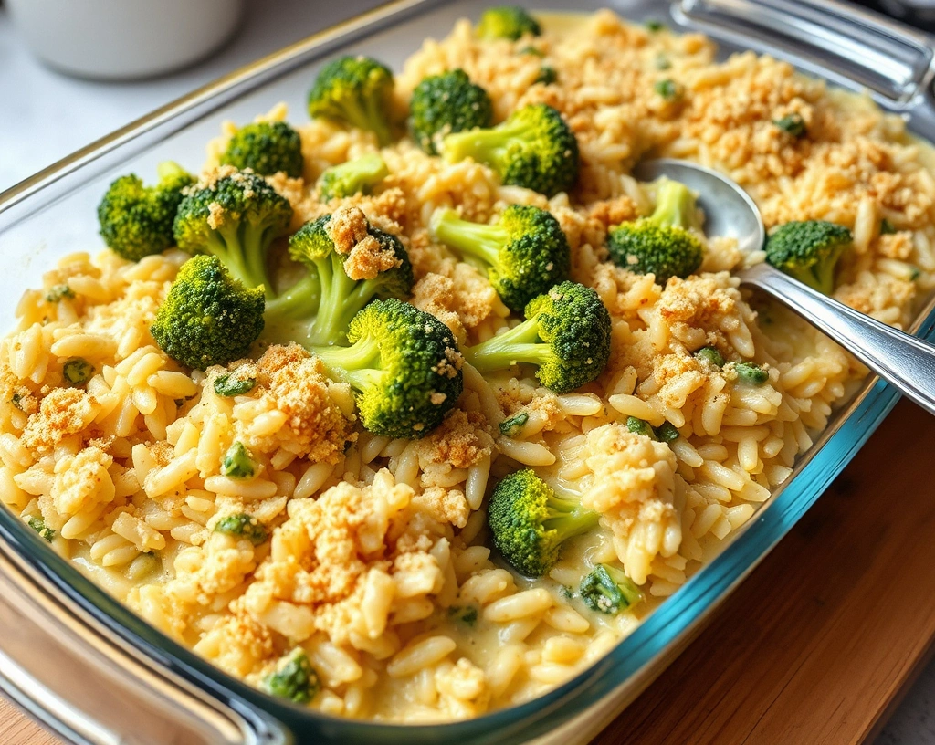 Creamy vegan broccoli and rice casserole in a glass baking dish, with crispy breadcrumb topping, served on a kitchen table with warm lighting.

