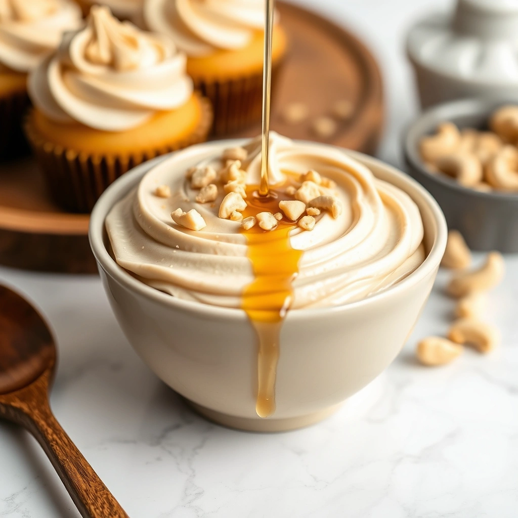 Close-up of creamy vegan cashew frosting in a bowl, garnished with maple syrup and crushed cashews, perfect for cakes and desserts.