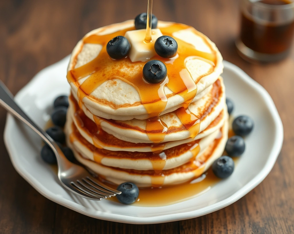 Fluffy cottage cheese pancakes topped with blueberries and maple syrup.