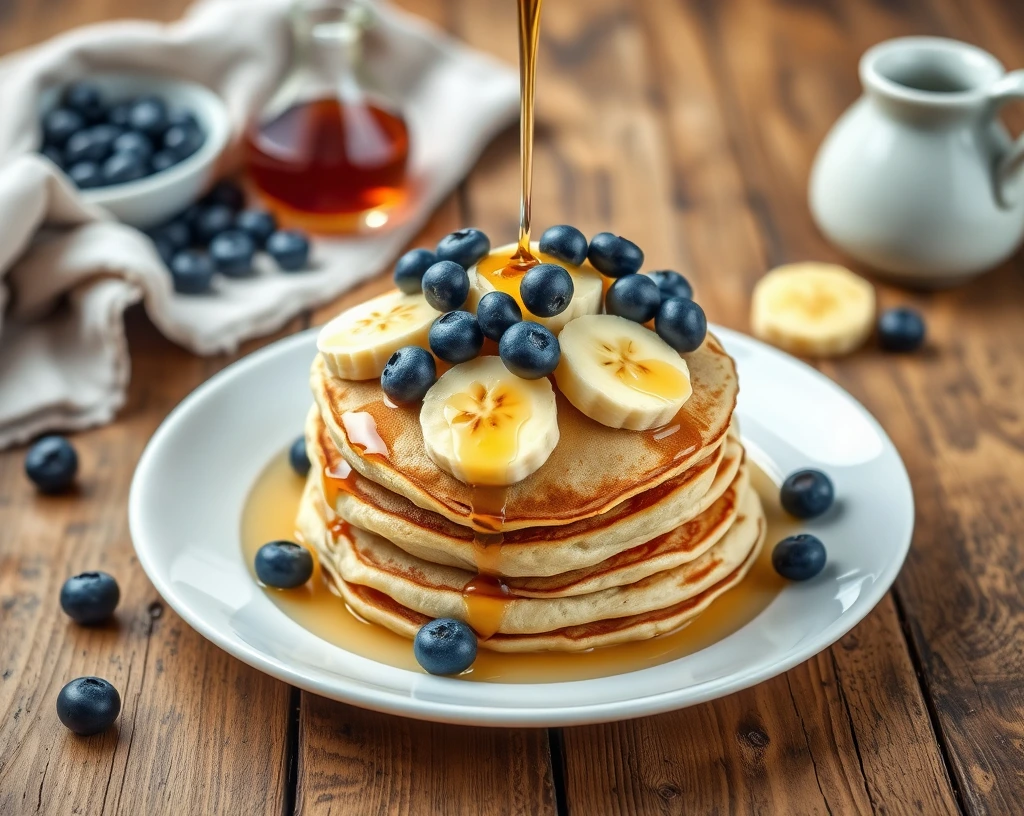 A stack of vegan banana pancakes topped with fresh blueberries, banana slices, and maple syrup on a white plate.